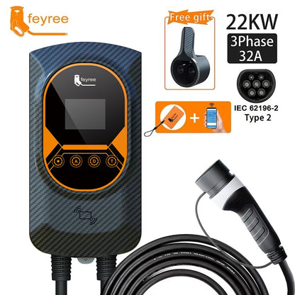 Feyree EV Charging Station 32A Electric Vehicle Car Charger EVSE Wallbox Wallmount 7.6/11/22KW Type2 Cable IEC62196 APP Control