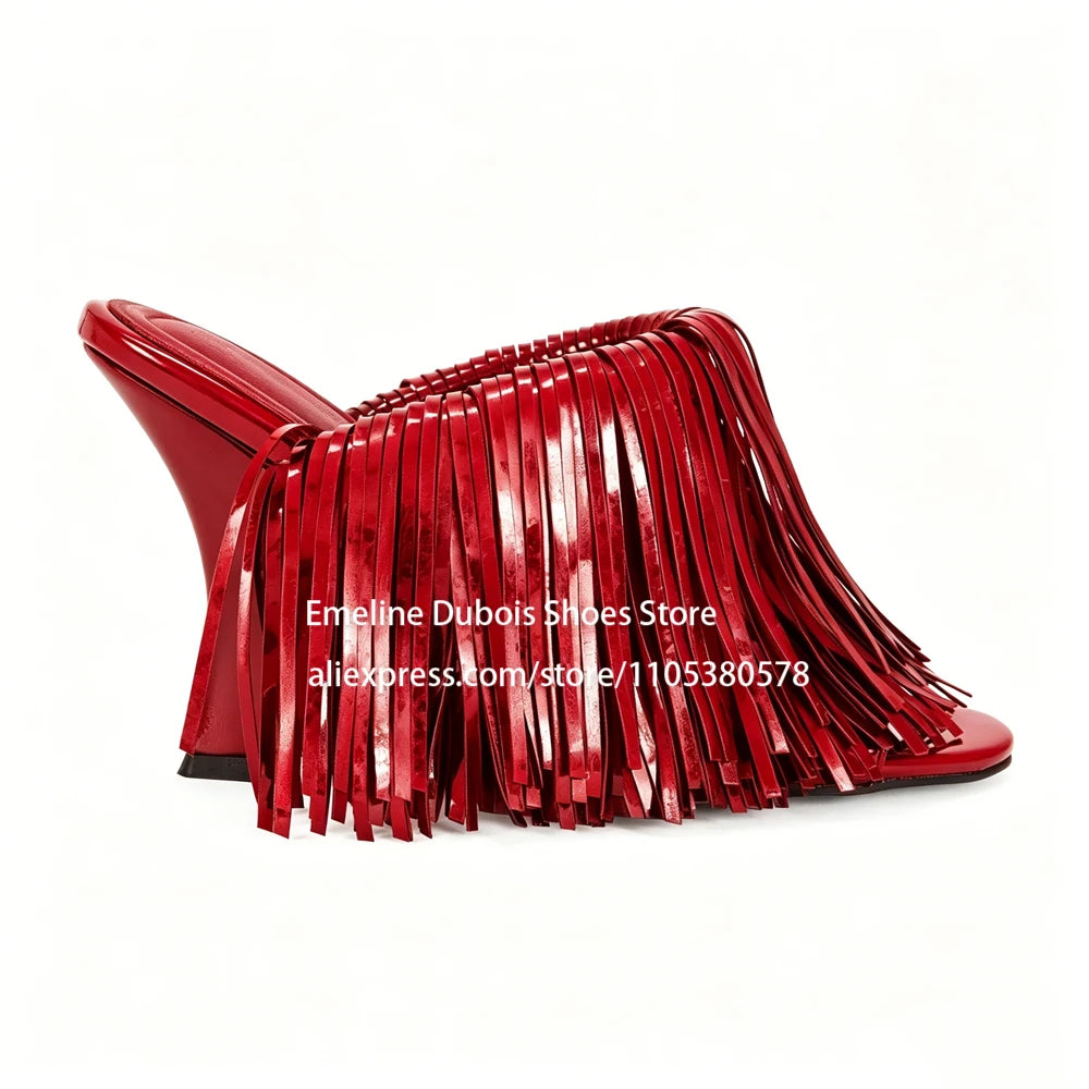 Blue Patent Leather Fringe Wedge Heel Mules Open Peep Toe Slip On Irregular Heel Sandals Nightclub Party Runway Shoes for Women