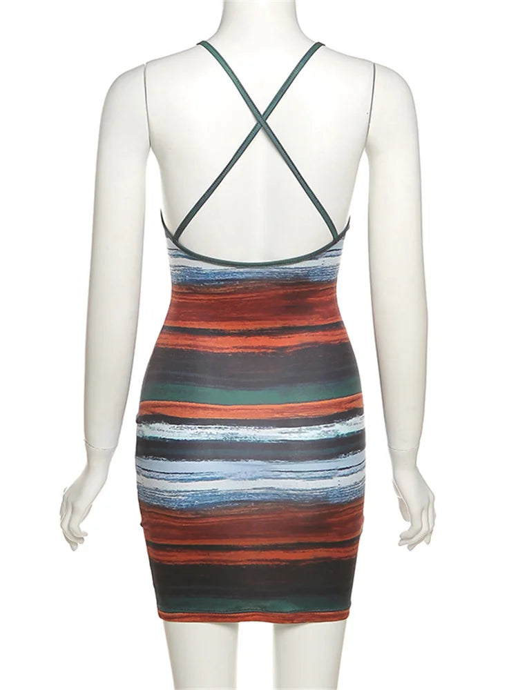 Kliou Panelled Striped Mini Dresses Aesthetic Women Sexy Skinny Slash Neck Camisole Backless Vintage Midnight Clubwear Outfits