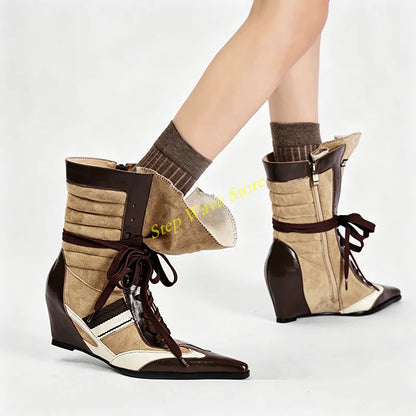 Patchwork Wedges Lace Up Ankle Booties Sexy Pointy Toe Runway 2026 Winter Autumn Women Handmade Dress Shoes Mixed Color