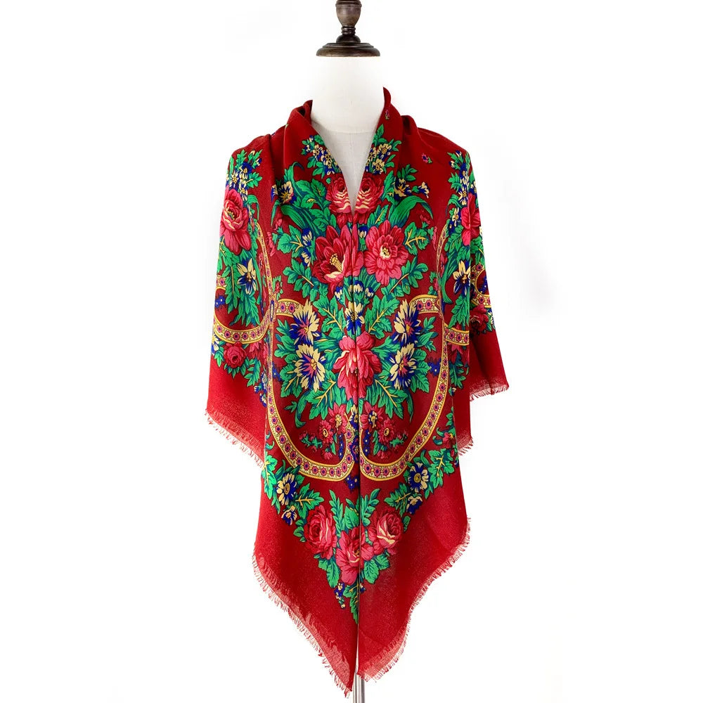 130×130cm Women's Shawl Scarves Thin Luxury Russian National Square Scarf Floral Print Breathable Ethnic Shawl Bandana Summer