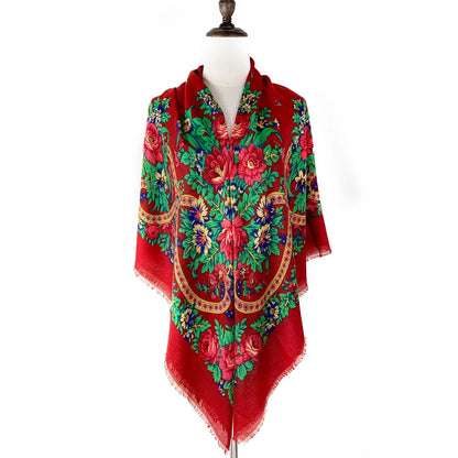 130×130cm Women's Shawl Scarves Thin Luxury Russian National Square Scarf Floral Print Breathable Ethnic Shawl Bandana Summer