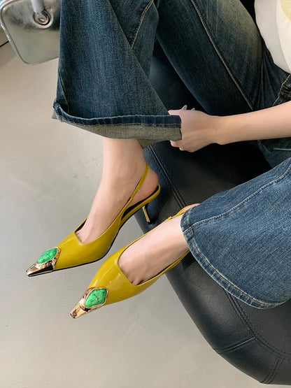 Liyke Fashion Design Inlay Gems Pointed Toe Patent Leather Sexy Slingback Sandals Women Pumps High Heels Wedding Banquet Shoes