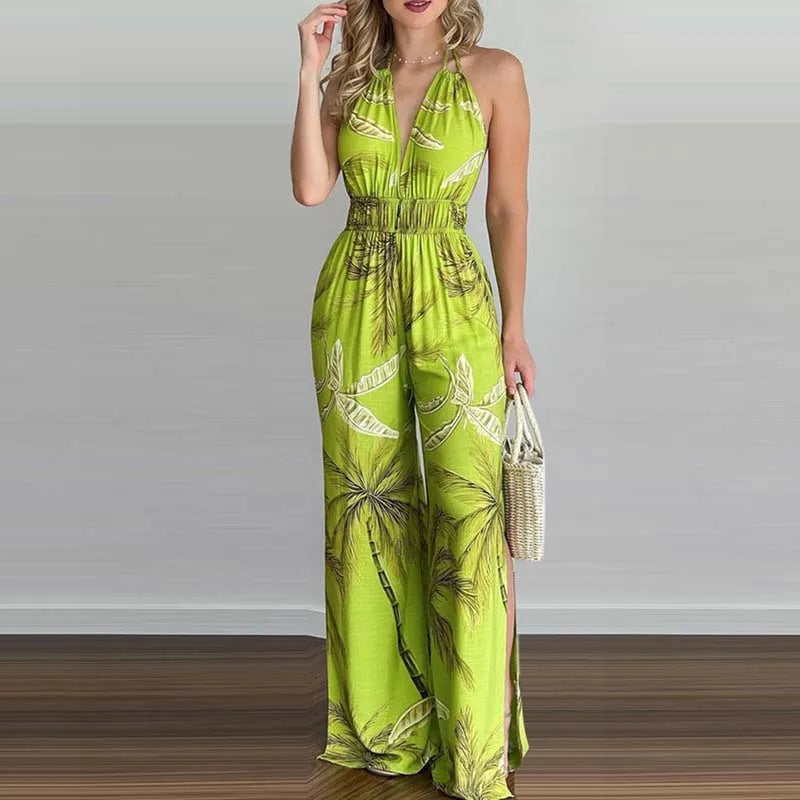 New Summer Sleeveless Halter Jumpsuits for Women Backless Print Lace-up Wide-leg Women Jumpsuit Rompers Womens Jumpsuit Q3706