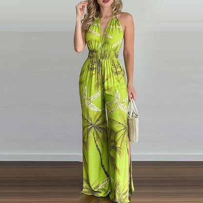 New Summer Sleeveless Halter Jumpsuits for Women Backless Print Lace-up Wide-leg Women Jumpsuit Rompers Womens Jumpsuit Q3706
