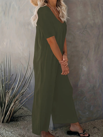 Plus Size 0XL-5XL Summer Rompers Overalls Women's Solid Color Jumpsuit with Pockets Casual Fashion Short Sleeve Jumpsuits