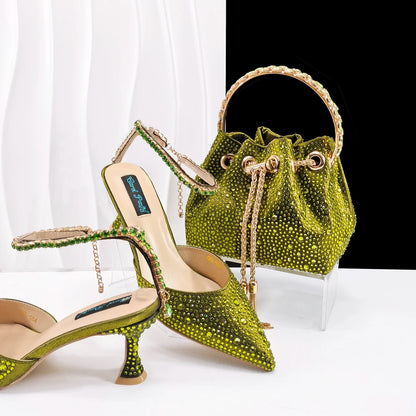 Newest Noble and Elegant Combination Style Colorfulr Rhinestone Design Olive Color Party Wedding Pointed Toe High Heel and Bag