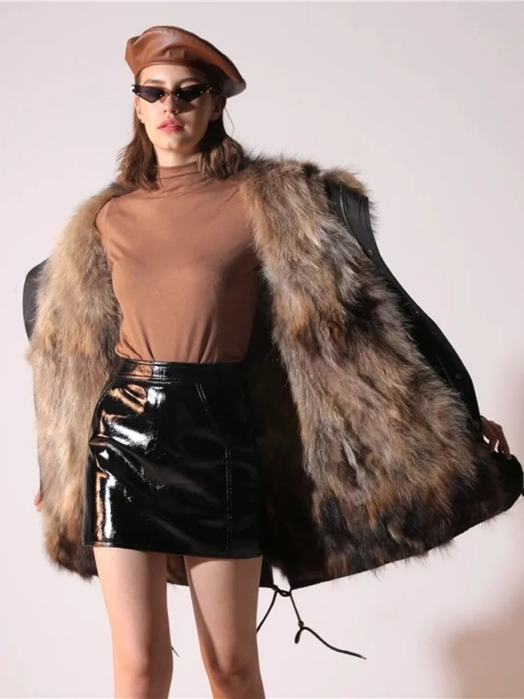 Real Fur Coat Winter Jacket Women Long Parka Waterproof Big Natural Raccoon Fur Collar Hood Thick Warm Real Fox Fur Liner coat