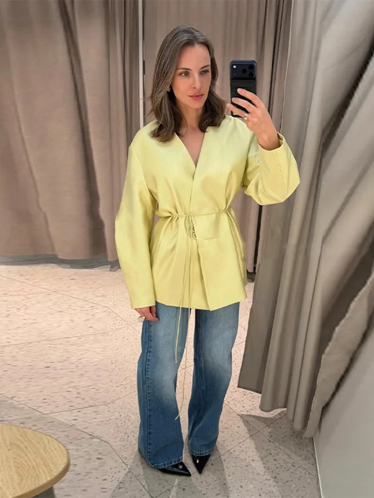 Elegant Women's Lace Up Shirt Pant Sets 2026 Summer V-neck Long Sleeve Top High Waist Loose Wide Leg Pant Two Piece Set Women