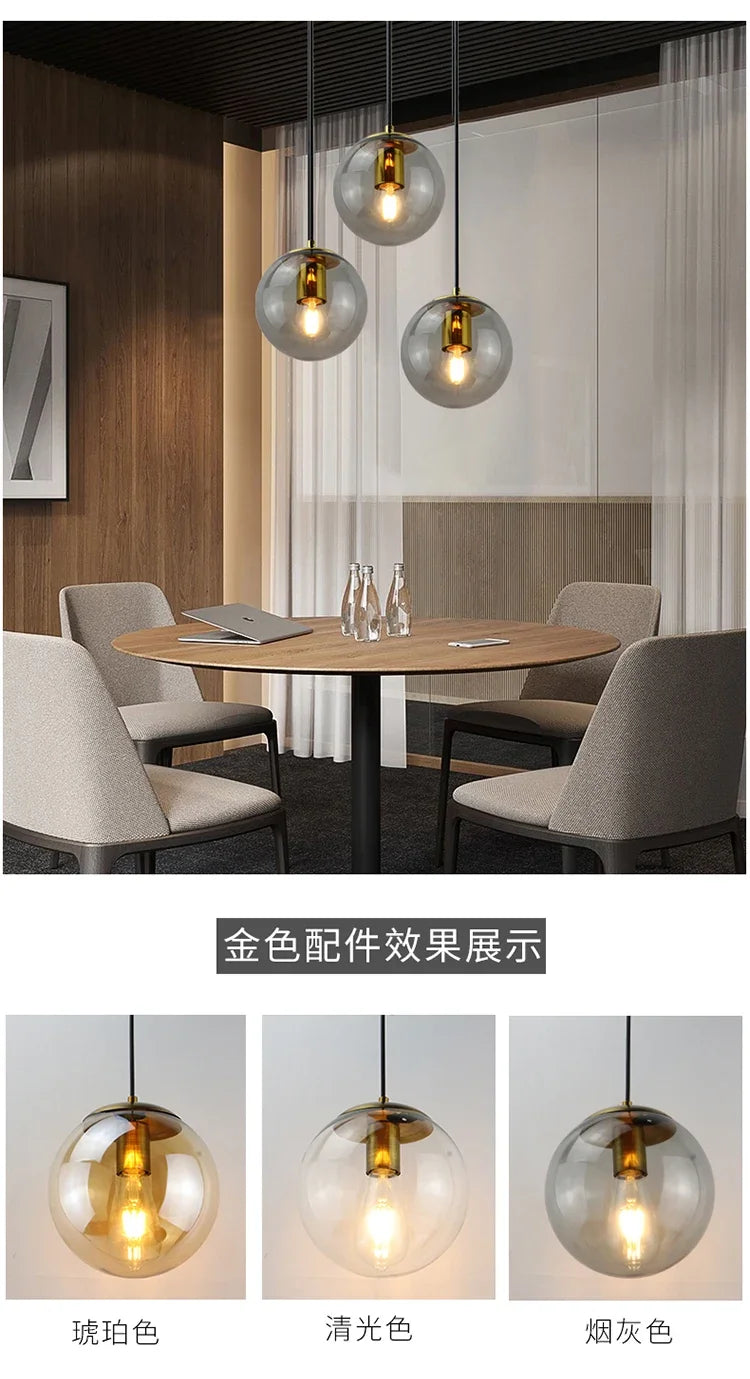 Modern Simple Glass Chandelier Bar Counter Restaurant Gold Hanging Lights Silver Metal Amber Ashtray Ball Glass Suspension Lamp