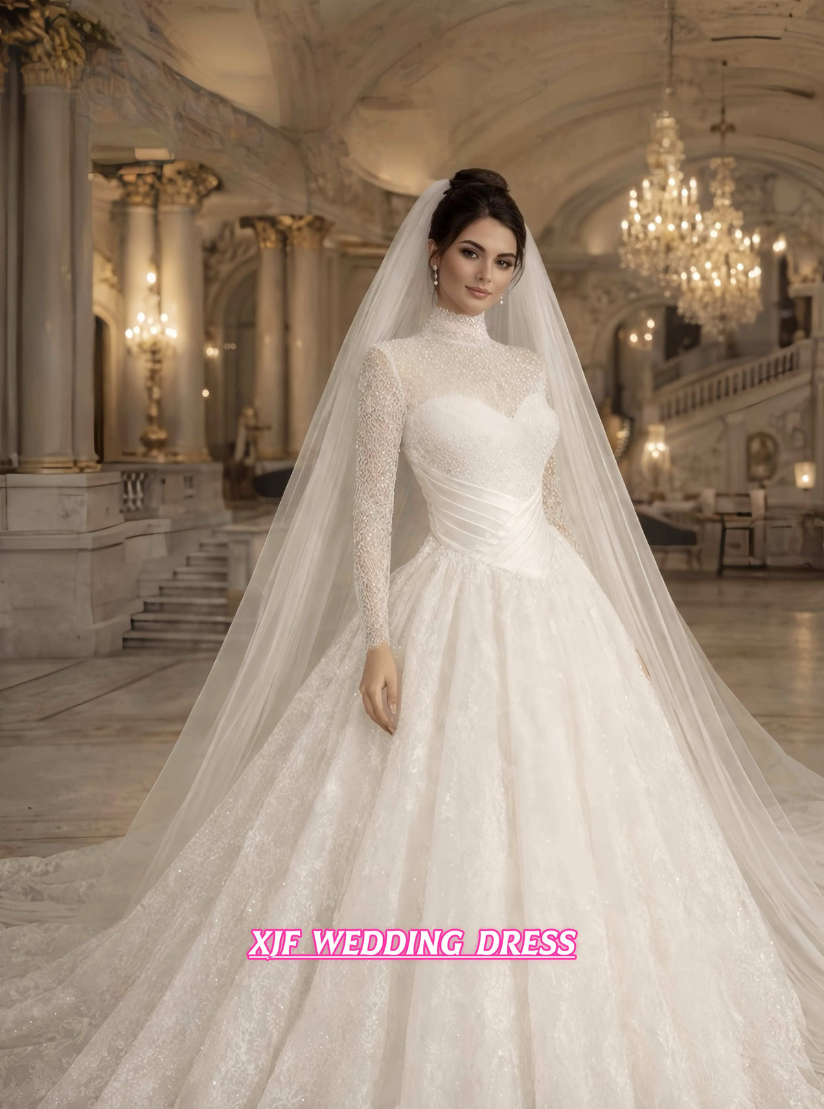 Customized Gorgeous Ball Gown Wedding Dresses Bride Gown High Neck Full Sleeves Lace Applique Saudi Arabian Bridal Dresses