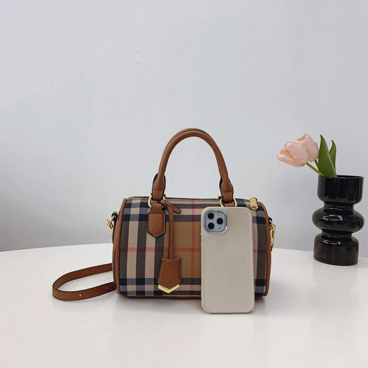 Women Luxury Plaid Shoulder Bag Gold Hardware Lightweight Large Capacity Zipper Adjustable Strap Dual Handles Travel Business