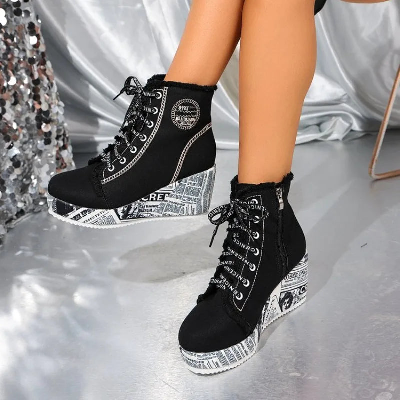 Women's Wedge Sneakers High Top Round Toe Denim-Look Lace-Up Side Zipper Letter Print Detail Casual Platform Ankle Boots 2026