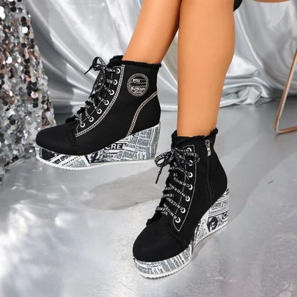 Women's Wedge Sneakers High Top Round Toe Denim-Look Lace-Up Side Zipper Letter Print Detail Casual Platform Ankle Boots 2026