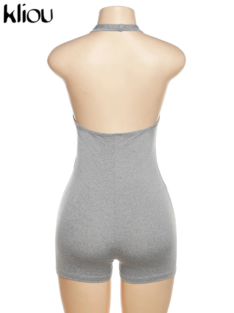 Kliou Casual Halter Rompers Women Sporty Concise Solid V-neck Sleeveless Cleavage Backless Skinny Playsuits Female Activewear