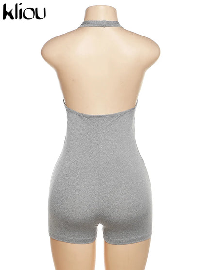 Kliou Casual Halter Rompers Women Sporty Concise Solid V-neck Sleeveless Cleavage Backless Skinny Playsuits Female Activewear