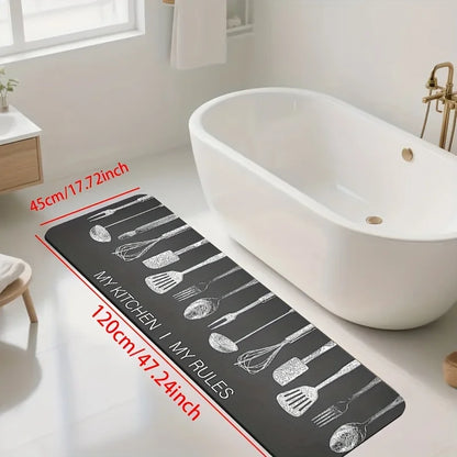 "My Kitchen My Rules" Kitchen Utensil Print Mat, Non-Slip Soft Absorbent Long Floor Rug for Cooking Lovers Home Decor