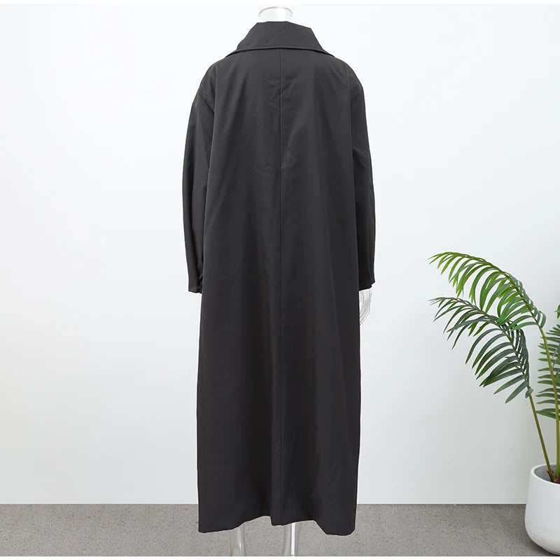 Women Black Long Solid Color Trench Coat Stand Collar Loose Drop Shoulder Single-breasted Windbreaker Lady Commute Outing Wear