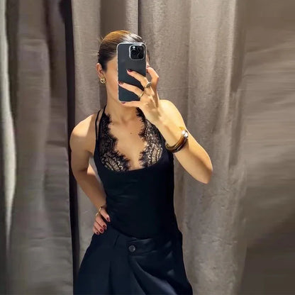 Women's Jumpsuit 2026 Spring New Solid Color Halter Neck Lace Splice Sexy Slim-Fit Romper Personalized Fashion