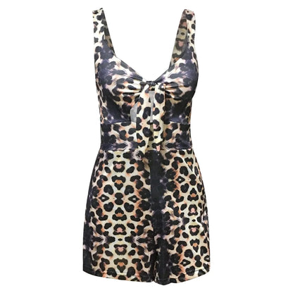 Summer Fashion Women's Jumpsuit Shorts Print Loose Short Sleeve V-neck Bow Knot Rompers Sleeveless  Strappy Bodycon Playsuit