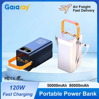 Gaiaray Portable Power Bank 50000mAh 80000mAh Large Capacity External Power Battery 120W Fast Charge With USB Type-C LED Light