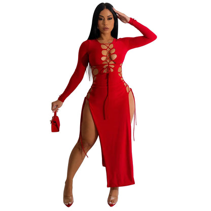 HLJ Sexy Solid Hollow Out Bandage Slit Bodycon Mid Dresses Women Round Neck Long Sleeve Slim Vestidos Fashion Party Club Clothes