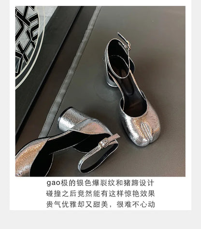 Modern Heels Pumps Women Round High Heel Leather Square Split Toe Pumps Shoes Spring Summer Sandals Mary Janes Shoes Heels Women
