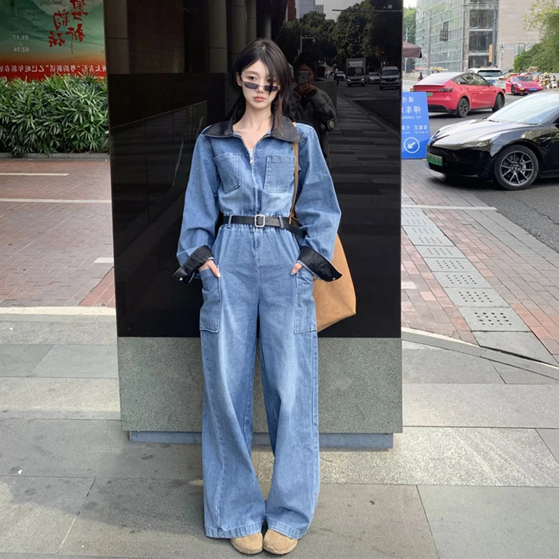 Retro PU Patchwork Denim Jumpsuits Women Long Sleeve Elastic Waist Loose Casual Romper Zipper Pocket Wide Leg Jeans Patns