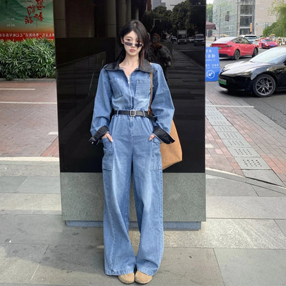 Retro PU Patchwork Denim Jumpsuits Women Long Sleeve Elastic Waist Loose Casual Romper Zipper Pocket Wide Leg Jeans Patns