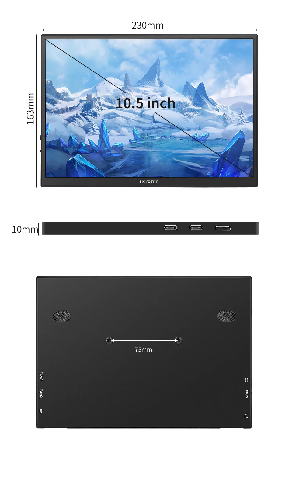 HGFRTEE 10.5 inch Portable Monitor 420Cd/m ² FHD 1280P 100% SRGB Laptop Second Screen For Mac Xbox PS4/5 Switch