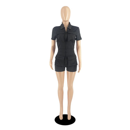 Red Jumpsuit for Woman Short Zipper V Turn Down Short Sleeve Overall Jumpsuit Shorts Casual Pockets Bodycon Rompers 2XL