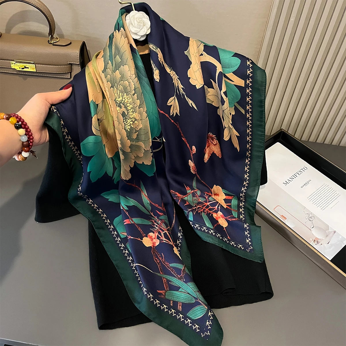 Latest Design Print Head Scarves Women Four Seasons Foulard Satin Square For Ladies Shawls 90*90 Silk Scarf Muslim Hijab