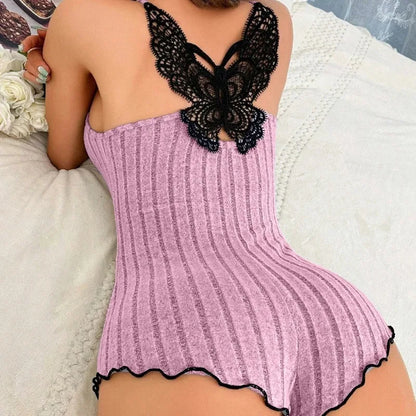 Women Ribbed Knit Bodysuit Lace Trim V Neck Sleeveless Backless High Cut One Piece Loungewear Sleepwear Home Bedroom Night Wear