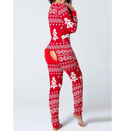 Fashion Women's Snowflake Elk Print Button Front Slim Jumpsuit Sexy Long Sleeve V-Neck Adult Onesie for Sleepwear