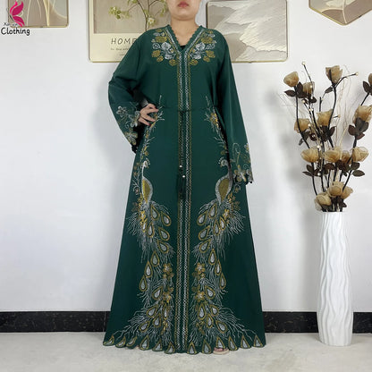 2026New Dubai Muslim Women Modest Dress Diamond Chiffon Elegant Arabic Femme Hijab African Abaya Islamic Long Sleeve Turkey Robe