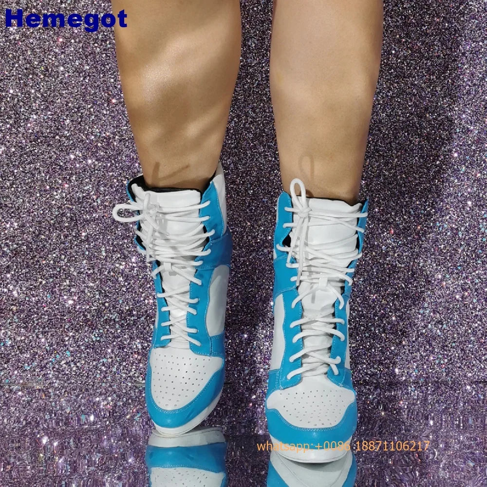 Round Toe Sports Lace Up Women's Short Boots 2025 Thick Sole Mixed Color Stilettos Autumn Winter New Street Style Casual Rock Bo