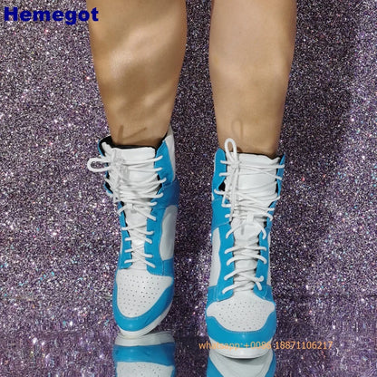 Round Toe Sports Lace Up Women's Short Boots 2025 Thick Sole Mixed Color Stilettos Autumn Winter New Street Style Casual Rock Bo