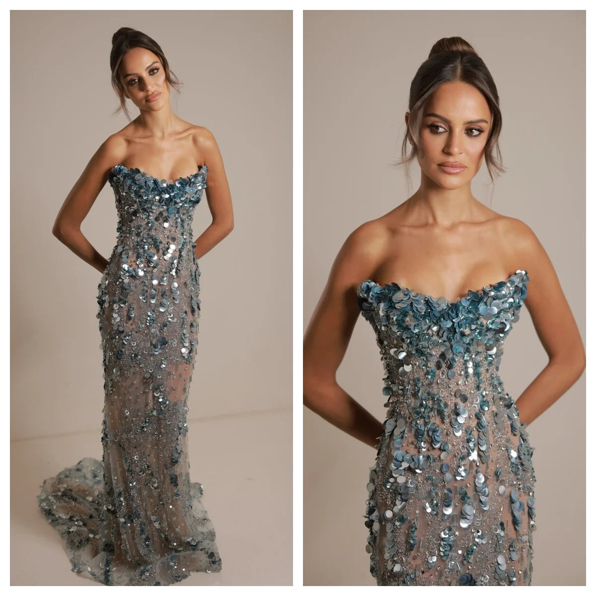Glitter Bespoke Formal Prom Dresses Strapless Sleeveless Sequins Floor Length Beading Evening Gowns Special Occasions For Women