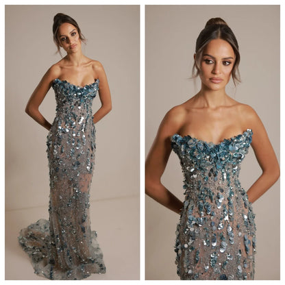 Glitter Bespoke Formal Prom Dresses Strapless Sleeveless Sequins Floor Length Beading Evening Gowns Special Occasions For Women