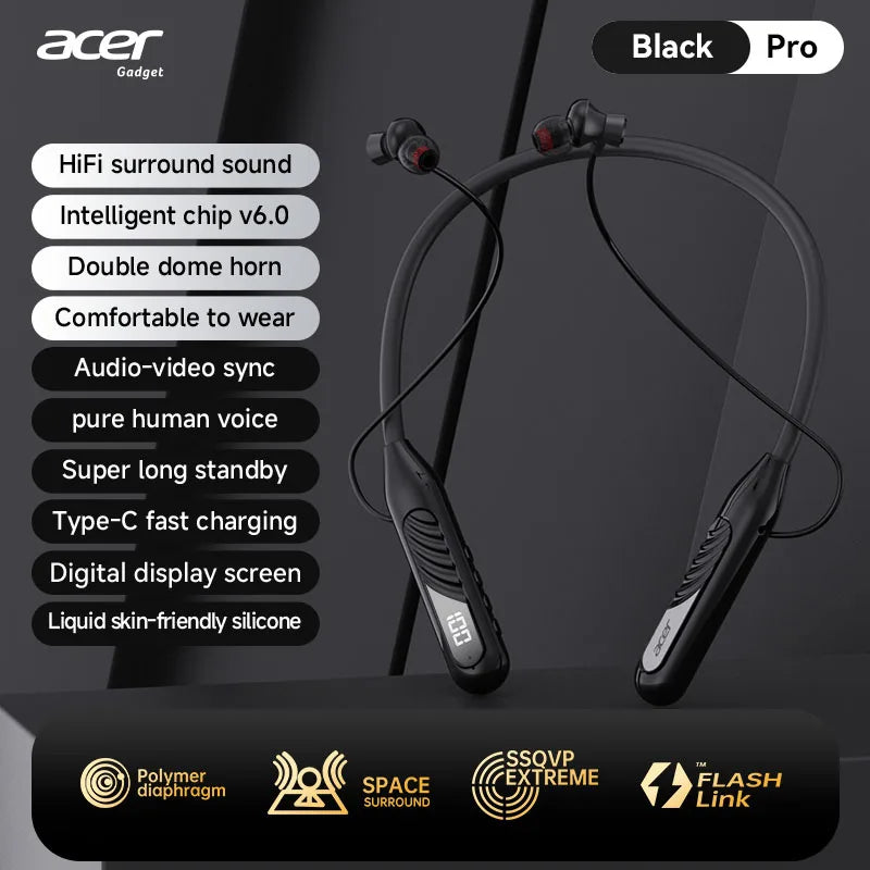Acer OHR635 Neckband Bluetooth Headphones 40H Playtime Digital Display Wireless 6.0 Earphones with Mic