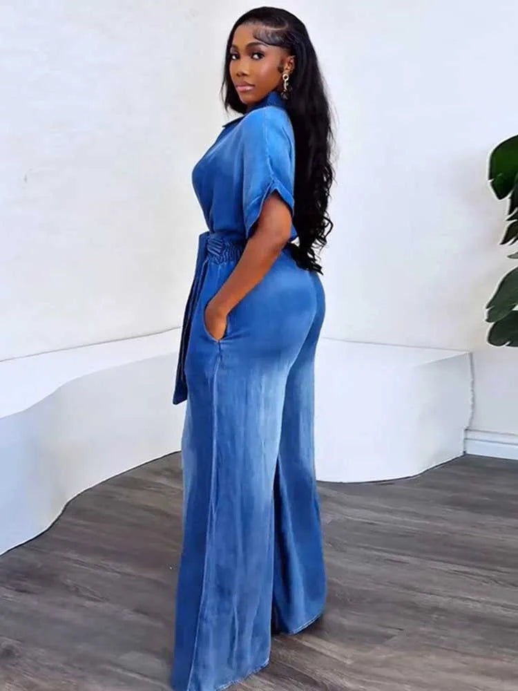 Denim Jumpsuits for Women Soft Denim Fabric One Piece Jumpsuit High Waist Blue Wide Jumpsuit with Pockets Ladies Summer Outfits