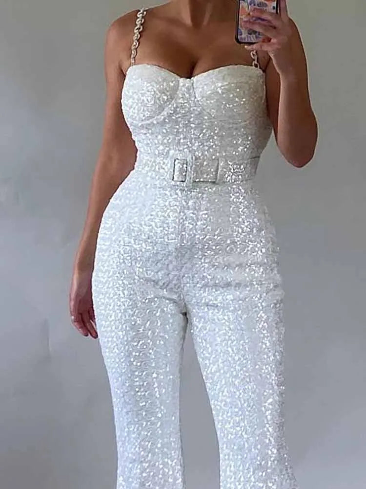 New Shiny Sequined Backless Banquet Jumpsuit Casual Women's Off Shoulder Summer Playsuit Fashion Sleeveless High Waist Rompers