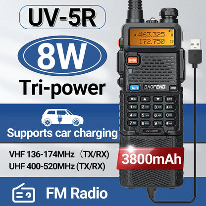 Baofeng UV-5R 8W Long Range Walkie Talkie 3800mAh Type-c Ham Amateur Communication Two Way Radio for Adults Camping