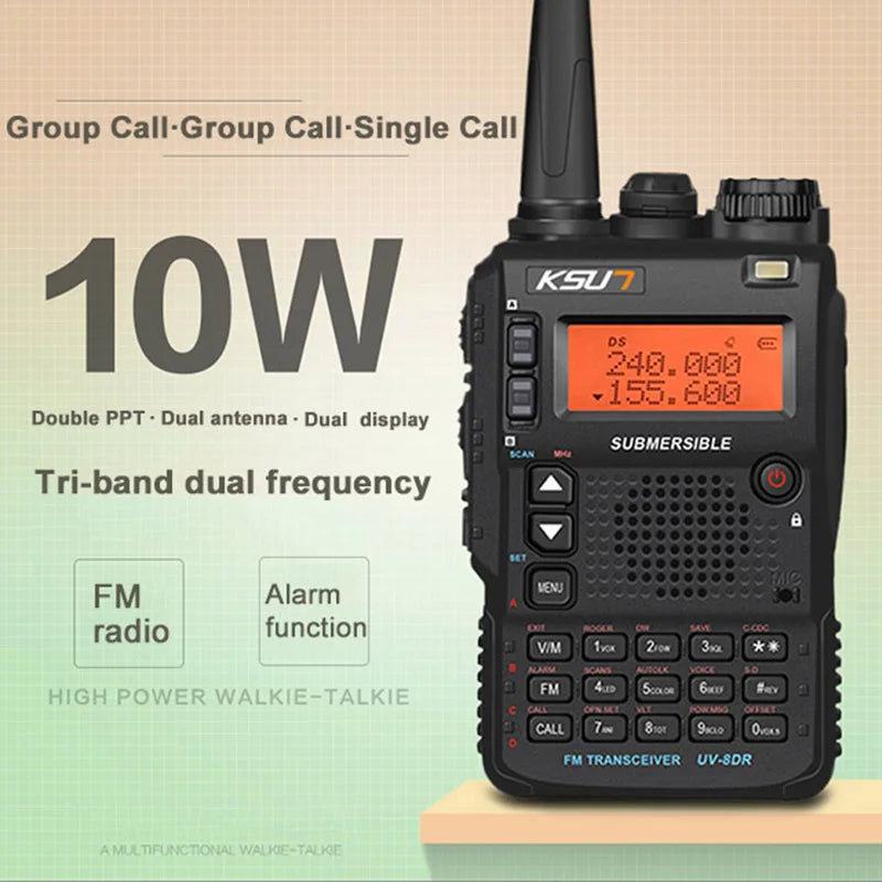 10W Walkie-Talkies UV-8DR 136-174/240-260/400-520MHz Triple Band Two Way Ham Radio Similar to Yaesu VX-8DR