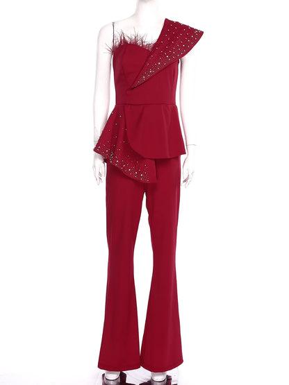 Womens Elegant Wedding Party Jumpsuit Shiny Beads One Shoulder High Waist Rompers Club Evening Banquet Birthday Formal Bodysuit