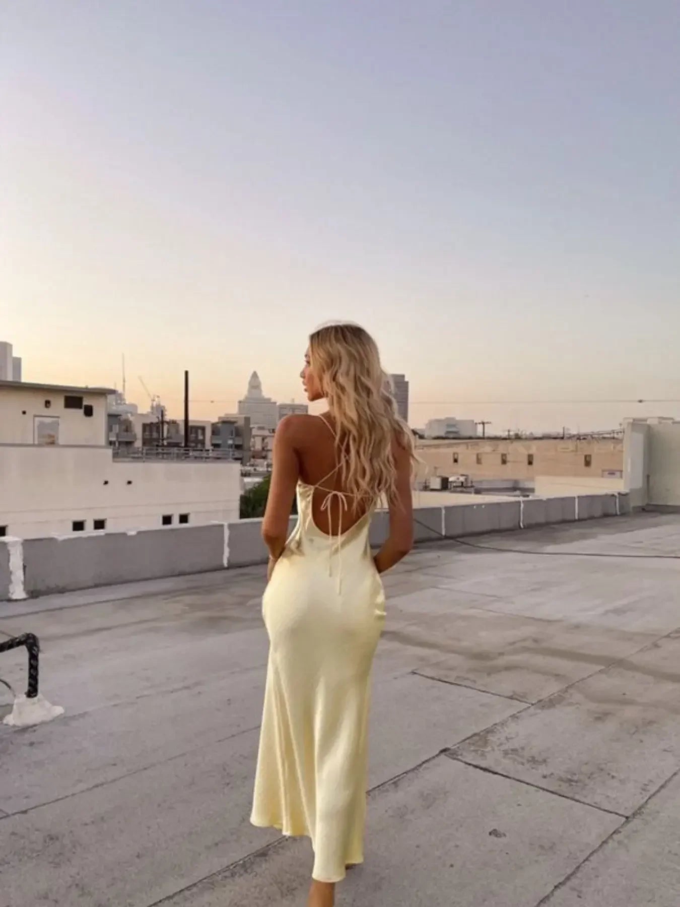 Elegant Women's Backless Yellow Lace Dresses Cross-back Design Long Slim Fit A-line Summer Dress Y2k Vacation Travel Vestido2026