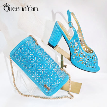 Queena Yan Popularity Olive Color Rhinestone Decoration Design Peep Toe Party Wedding Women High Heels and Bag Set
