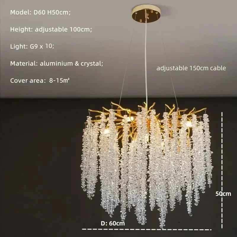 Modern Luxury Gold Branch Tassel Crystal LED Pendant Light Dining Room Living Room Indoor Home Decoration Atmosphere Fixtures