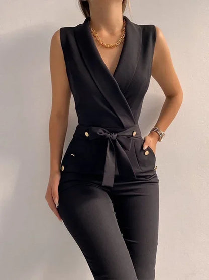 Women Summer Jumpsuit Backless V Neck Solid Zipper Off Shoulder Sleeveless Overalls With Pockets Casual Slim Long Rompers Female