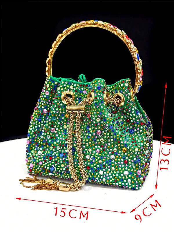 Vemus Chan 2026 New Shiny Italian Fashion Women’s Pointed Toe Heels with Rhinestone Detailing & Matching Green Color Bag Set